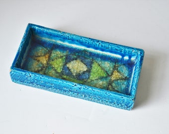 Rimini Blue Italian Pottery Tray with Fused Glass, Catchall by Aldo Londi for Bitossi