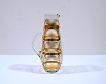 Vintage Gold Band Large 12" Glass Cocktail Pitcher with Handle, Barware