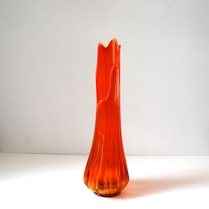 Vintage Modern Swung Glass 22&quot; Tall Vase in Red / Orange by LE Smith, 1960s