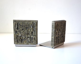 Vintage Modern Brutalist Carved Wood and Metal Book End Set, Pair