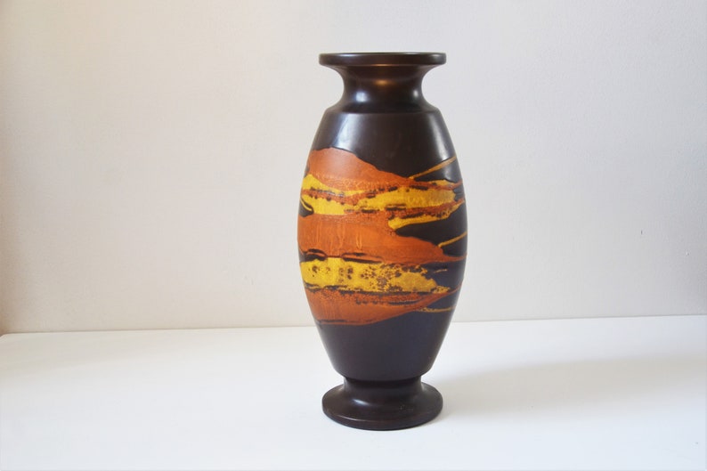 Mid-Century Royal Haeger Drip Glaze Earth Wrap 13.5 Vase in Brown with Yellow and Orange image 1