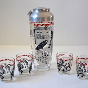 Vintage Art Deco Glass Cocktail Shaker & Matching Glasses with Roaring 20's Theme image 1