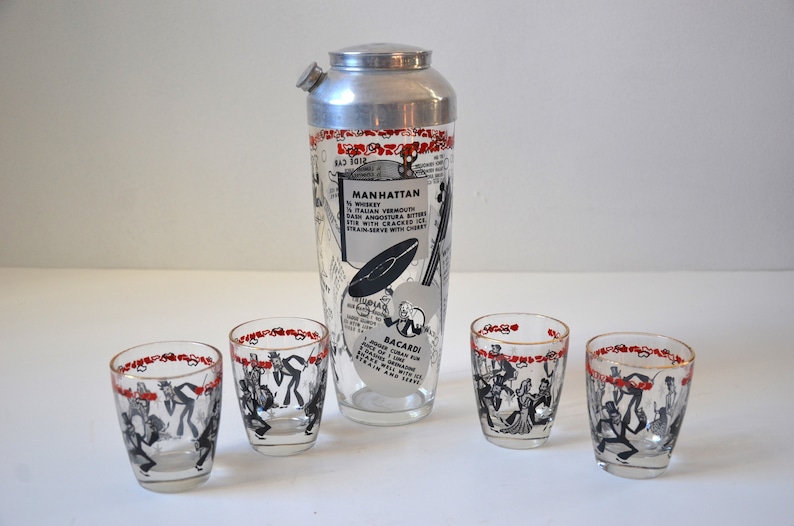 Vintage Art Deco Glass Cocktail Shaker & Matching Glasses with Roaring 20's Theme image 1