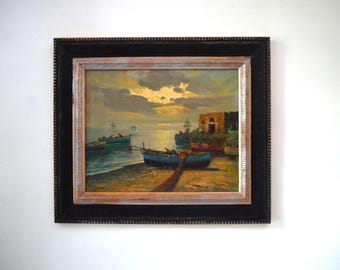 Vintage Framed Mid Century Italian Seaside Oil Painting with Sailboats, Signed