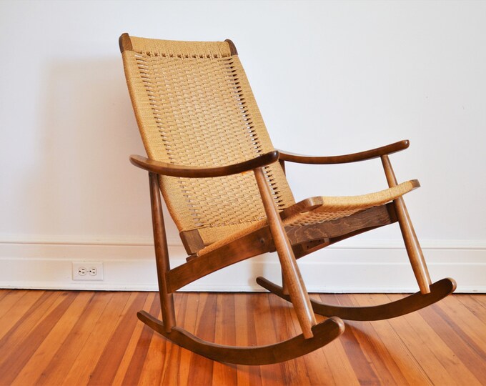 Midcentury Paper Cord Rocking Chair in Style of Hans Wegner, Made in