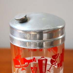 Vintage Glass Cocktail Shaker with Red Classic Drink Recipe Graphics, Retro Barware image 4