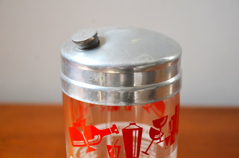 Vintage Glass Cocktail Shaker with Red Classic Drink Recipe Graphics, Retro Barware image 4