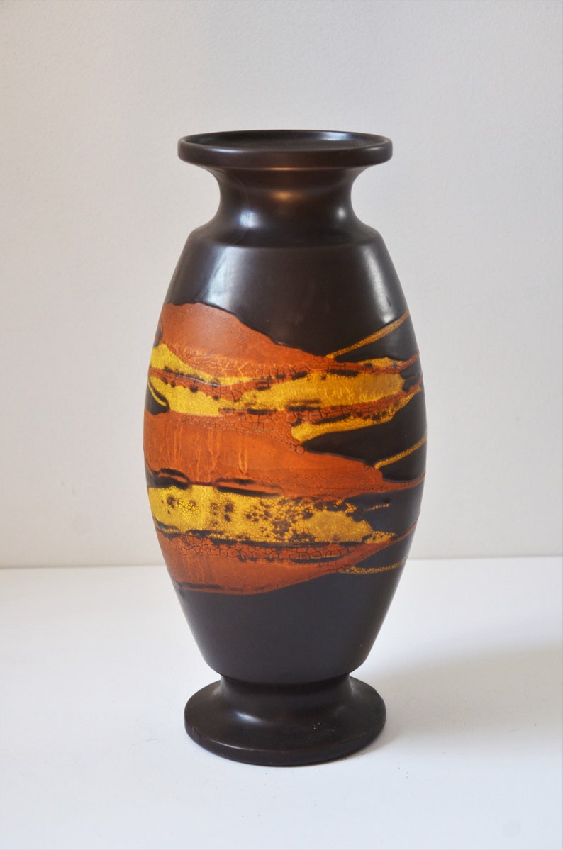 Mid-Century Royal Haeger Drip Glaze Earth Wrap 13.5 Vase in Brown with Yellow and Orange image 7