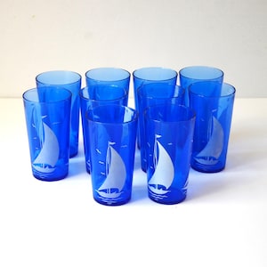 Vintage Blue Cocktail Glasses with Sailboat Graphics by Hazel Atlas, set of 10