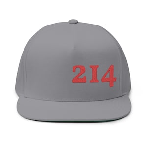 Może przedstawiać: Szara czapka bejsbolówka z płaskim daszkiem i wyhaftowanym numerem "214" w kolorze czerwonym. Czapka ma strukturalny krój i płaski daszek. Wnętrze daszka jest zielone.