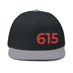 Może przedstawiać: Czarna czapka z daszkiem z płaskim daszkiem, szarym daszkiem i szarym guzikiem na górze. Numer "615" jest wyhaftowany na czerwono z przodu. Klasyczna czapka, odpowiednia do noszenia na co dzień.