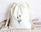 Lavender Hand Embroidery Pouch, Linen Pouch, Drawstring Bag, Storage Bag, Home Decor, White Linen, Kitchen Gift