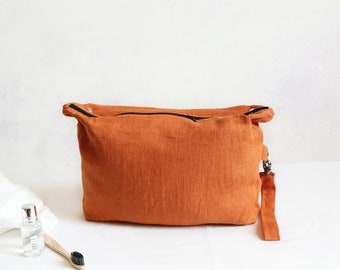 Large Linen Cosmetic Bag, Rust Orange Linen Bag, Linen Makeup Bag, Linen Dopp Kit, Toiletry Zippered Bag, Linen Boxy Bag, Linen Travel Bag