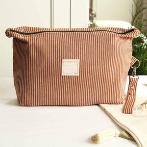 Large Linen Cosmetic Bag, Rust Terracotta Linen, Striped Linen Bag, Large Toiletry Travel Bag, Linen Pouch Gift, Makeup Wash Bag