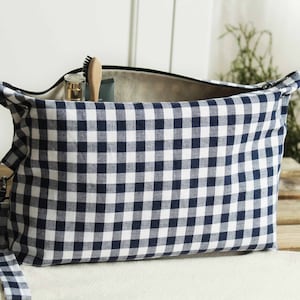 Large Cotton Cosmetic Bag, Two Inside Pockets, Vichy Makeup Pouch, Toiletry Zipper Bag, Makeup Travel Bag, Blue White Gingham Bag