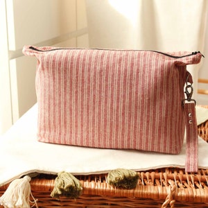 Large Linen Cosmetic Bag, Linen Stripes Bag, Linen Boxy Bag, Inside Pockets, Linen Toiletry Pouch, Linen Dopp Kit, Zippered Pouch