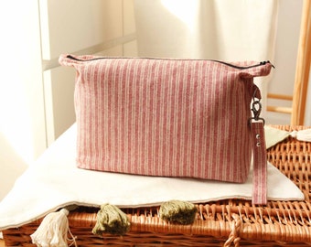 Large Linen Cosmetic Bag, Linen Stripes Bag, Linen Boxy Bag, Inside Pockets, Linen Toiletry Pouch, Linen Dopp Kit, Zippered Pouch