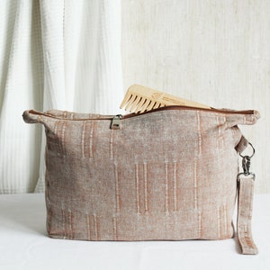 Large Textured Linen Cosmetic Bag, Linen Travel Pouch, Linen Boxy Bag, Inside Zippered Pocket, Toiletry Zippered Bag, Brown Linen Makeup Bag