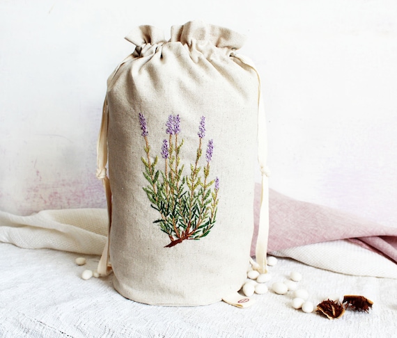 Lavender Hand Embroidery Bag, Linen Cotton Pouch, Drawstring Bag, Makeup Bag, Home Decor, Botanical Embroidery