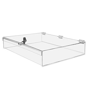 May include: A clear acrylic display case with a hinged lid and a lock. The case is rectangular and has a clear base.