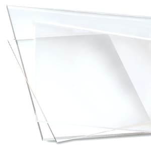 May include: A stack of clear acrylic sheets, varying in size and thickness. The sheets are transparent, allowing light to pass through, and are arranged in a slightly overlapping manner, creating a layered effect. The edges of the sheets are visible, highlighting their smooth, polished surfaces.