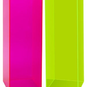 May include: Two tall, rectangular acrylic display stands. One is bright pink and the other is bright yellow.