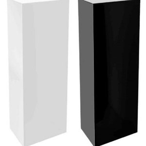 May include: Two square display pedestals, one white and one black. The pedestals are made of a smooth, glossy material and are perfect for displaying products or artwork.