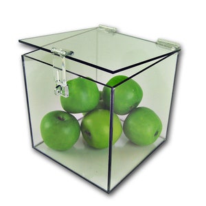 May include: A clear acrylic box with a hinged lid, containing five green apples.