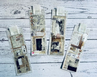 A set of 4 collage journal bookmarks for junk journaling. Journal bookmarks, handmade paper snippet, vintage themed ephemera.