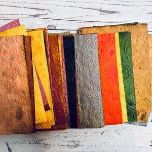 May include: A collection of textured paper sheets in various colors, including brown, yellow, orange, green, and blue. Each sheet has a unique embossed pattern, such as flowers and swirls. The papers are arranged in a fan shape.