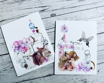 Handmade Ephemera Journal Cards: Deer & Floral Collage (Set of 2)