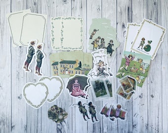 May include: A collection of vintage-style paper ephemera, including tags, cards, and stickers. The designs feature illustrations of children, houses, and floral borders in soft pastel colors. The items are arranged on a light wood-grain surface.