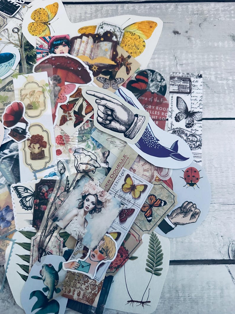 May include: A collection of vintage-style stickers featuring various designs, including flowers, butterflies, a hand pointing, a whale, a ladybug, and a woman with a floral crown. The stickers are on a white wooden background.