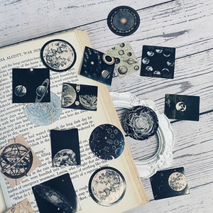 A set of 46 Astronomy and moon small paper sticker for junk journaling, scrapbooking, stickers journaling, and collage journaling.