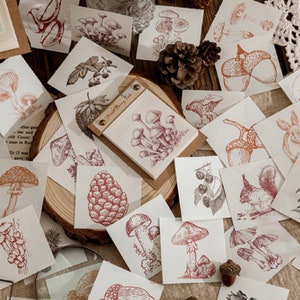 Blocco per clipart Cottagecore - Funghi e animali stravaganti per diari spazzatura, scrapbooking - Foglio per collage vintage