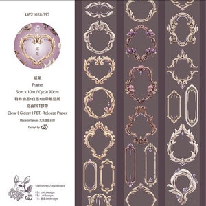 May include: A sheet of decorative washi tape featuring a variety of ornate gold frames with floral accents. The tape is 5 cm wide and 10 metres long. The tape is made of clear, glossy PET material and has a release paper backing.