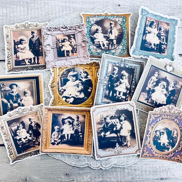 Vintage children photo frame ephemera set. Junk journal children photo cards, photo cluster, scrapbook supplies, vintage ephemera cards.
