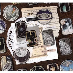 A lot of 46 moon and star small stickers. Junk journal supplies, journaling supplies, scrapbook supplies, paper sticker, sticker stationery.
