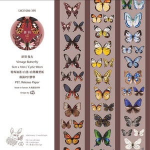 May include: Washi tape roll with a vintage butterfly design. The tape features illustrations of butterflies in various colours, including brown, yellow, blue, and green. The tape is 5cm wide and 10m long, with a 90cm cycle. The text on the tape reads "Vintage Butterfly".