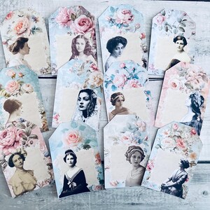 étiquettes vintage en papier cartonné éphémère dame et fleur pour journal indésirable | Ephémères esthétiques pour scrapbooking | Étiquette éphémère | Fille éphémère | 12 étiquettes