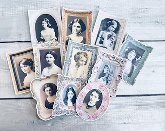 Vintage lady photo frame ephemera set. Junk journal ladies photo cards, photo cluster, scrapbook supplies, vintage ephemera cards.