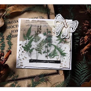 A lot of 30 garden leaves with clear backing PET stickers. floral stickers, junk journal stickers, journaling stickers, scrapbook supplies.