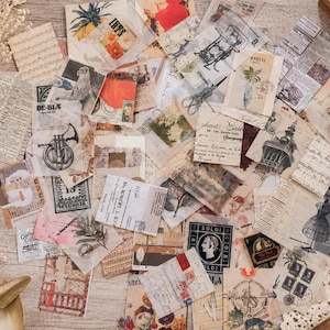 May include: A collection of assorted vintage-style paper ephemera, including translucent vellum sheets, printed postcards, and scraps featuring illustrations of musical instruments, sewing tools, botanical motifs, and text like Mountain Valley.