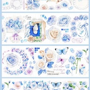 Peut inclure: Ruban adhésif décoratif avec des illustrations à l'aquarelle de roses bleues, de papillons et de compositions florales. Le ruban comprend des éléments textuels tels que "Hello Sunshine" et "Dreamca Little Dreamer Love". Le design incorpore des teintes bleu clair, blanches et violettes.
