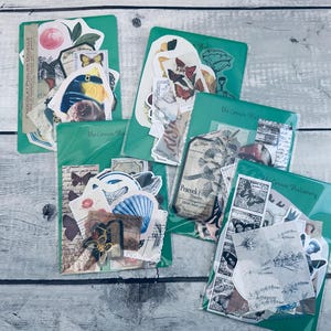 May include: Five clear plastic bags filled with various vintage style paper ephemera, including butterflies, flowers, and other decorative elements. The bags are labeled with the text "The Crown Shop" and "Crown Stationery".