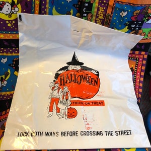 Vintage 70s 80s Burger King Halloween Bag Trick or Treat Collectible Plastic Fast Food Look Both Ways Flexo Tote Witch Kids Safety