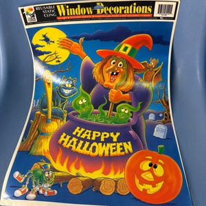 Vintage NOS Unused Happy Halloween Window Clings Classroom Decoration Holiday Collectible Made in USA Color Clings 1990s Wacky Witch JOL Bat