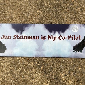 May include: A blue and white sticker with a dark-haired man wearing sunglasses and a black leather jacket. The text "Jim Steinman is My Co-Pilot" is written in red on the sticker.