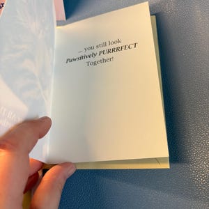 May include: A greeting card with the text "... you still look Pawsitively PURRRFECT Together!" The card is open, revealing the message on a cream-colored page. The background is a textured blue surface.