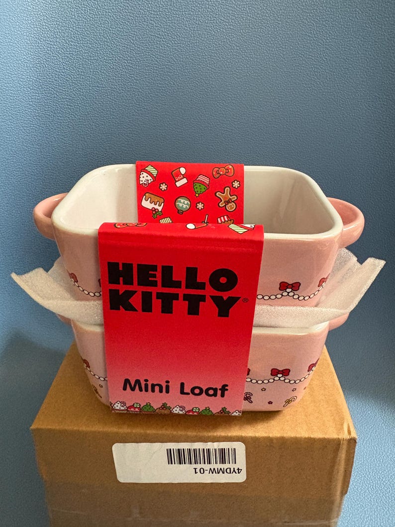 Sanrio Hello Kitty Christmas Peppermint Ceramic Mini Loaf Baking Dishes Christmas Set of 2 New Unused Complete Pink Holiday Collectible Cute